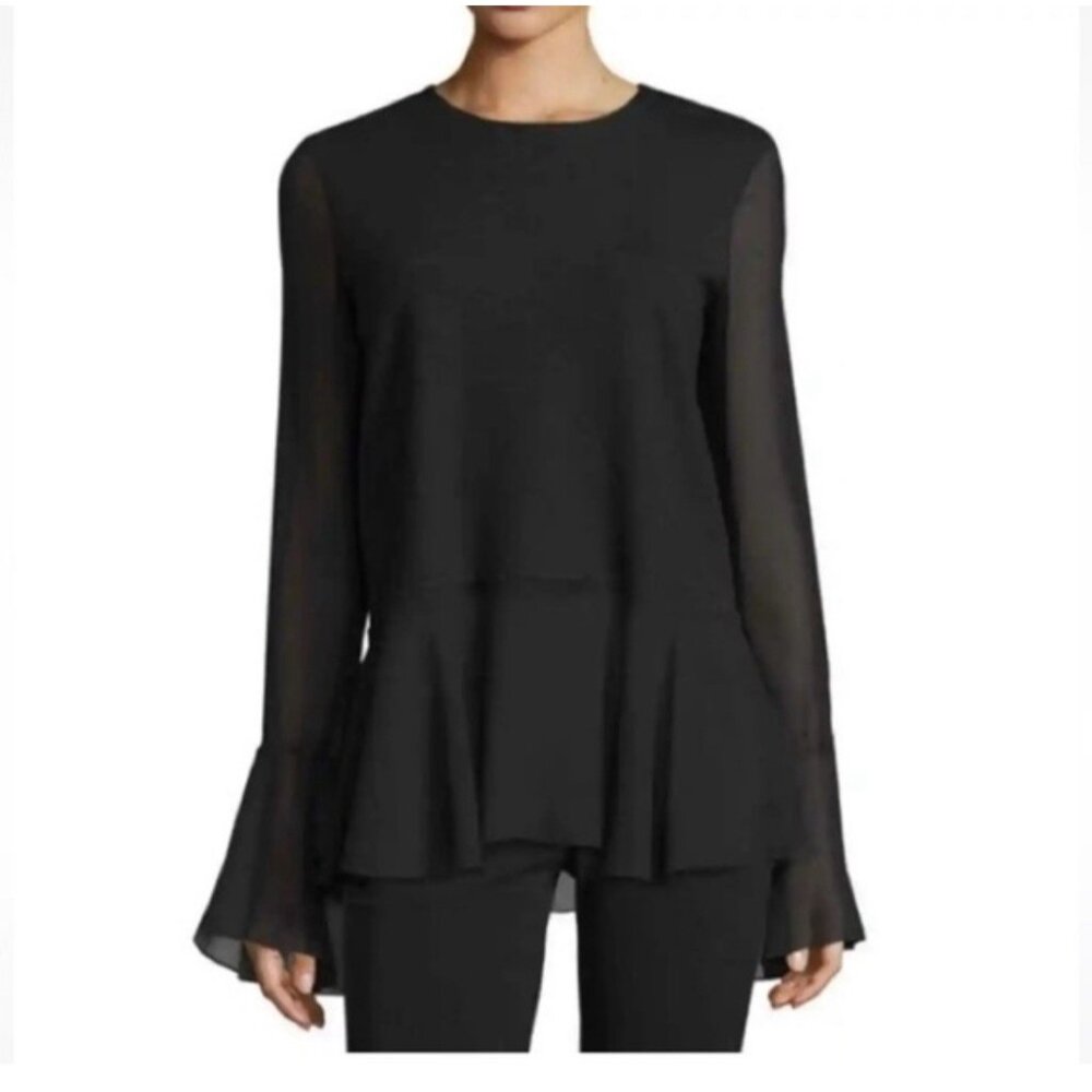 Theory Top Blouse Size Medium Black Idol Bell Sleeve Peplum Wool Silk Trim 077